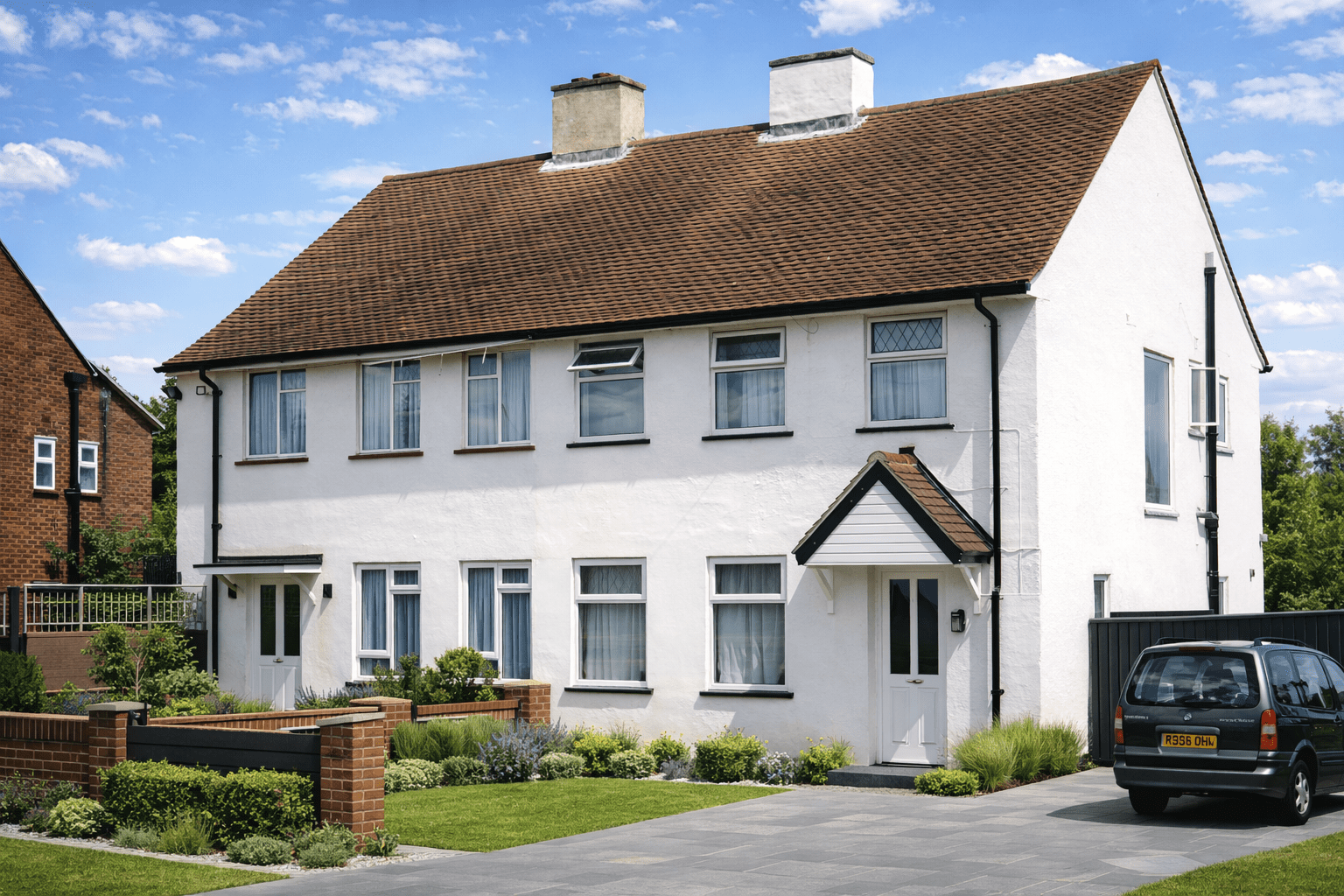 MOW Demonstration Foamed Slag house showing rendered external walls and steep gable tiled roof