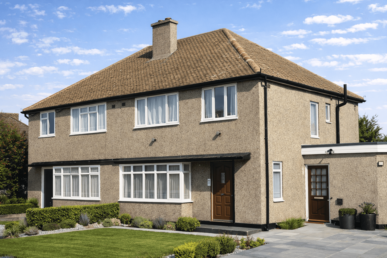 O’Sullivan house with rendered elevations, concrete tiled roof and flat-roofed front bay
