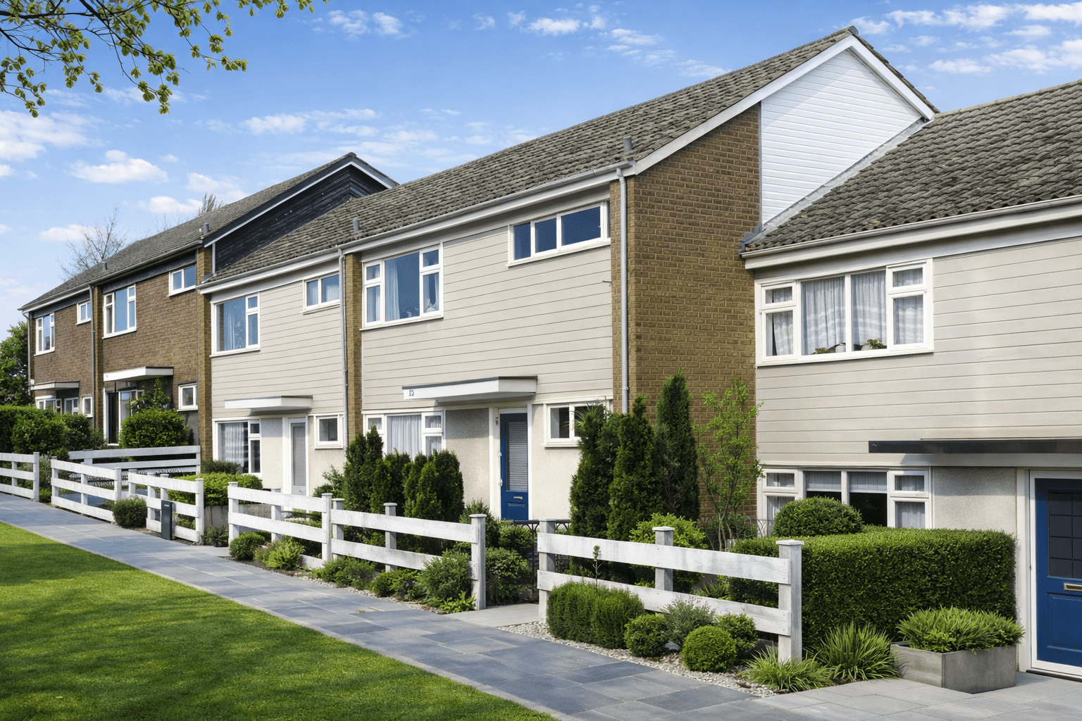 Parkwall house showing medium pitch roof and plywood-clad external walls