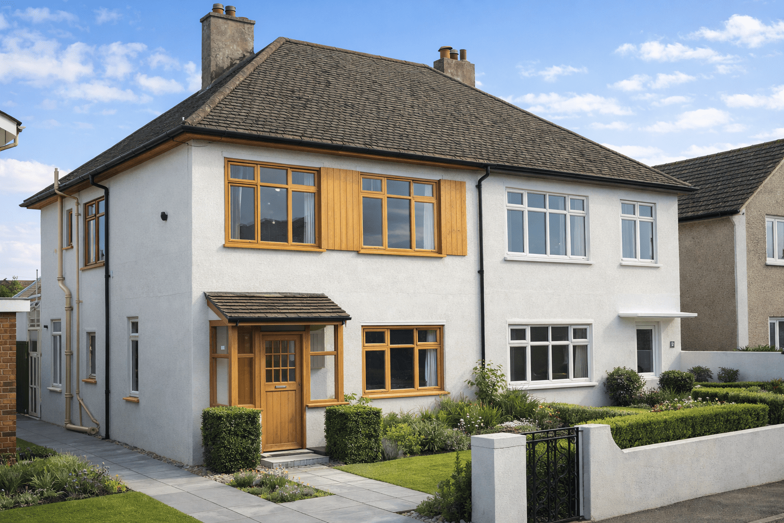 Permacrete house with rendered reinforced concrete walls and hipped tiled roof
