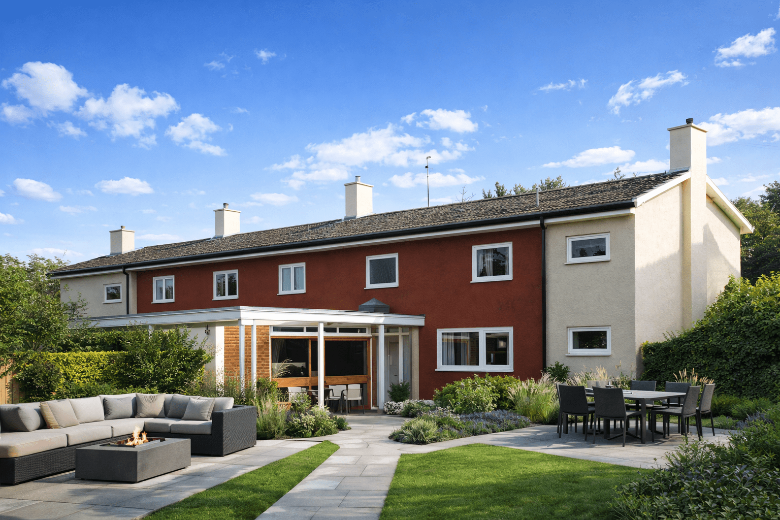 A Rumble House showing shallow pitch gable roof and rendered reinforced concrete walls
