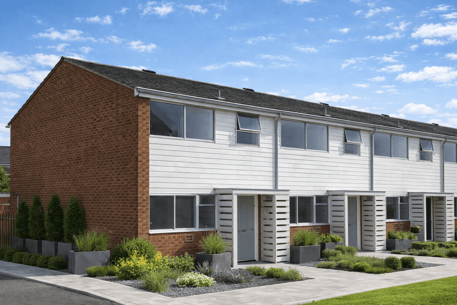 Sunskeeme house showing shallow pitched roof and mixed external cladding