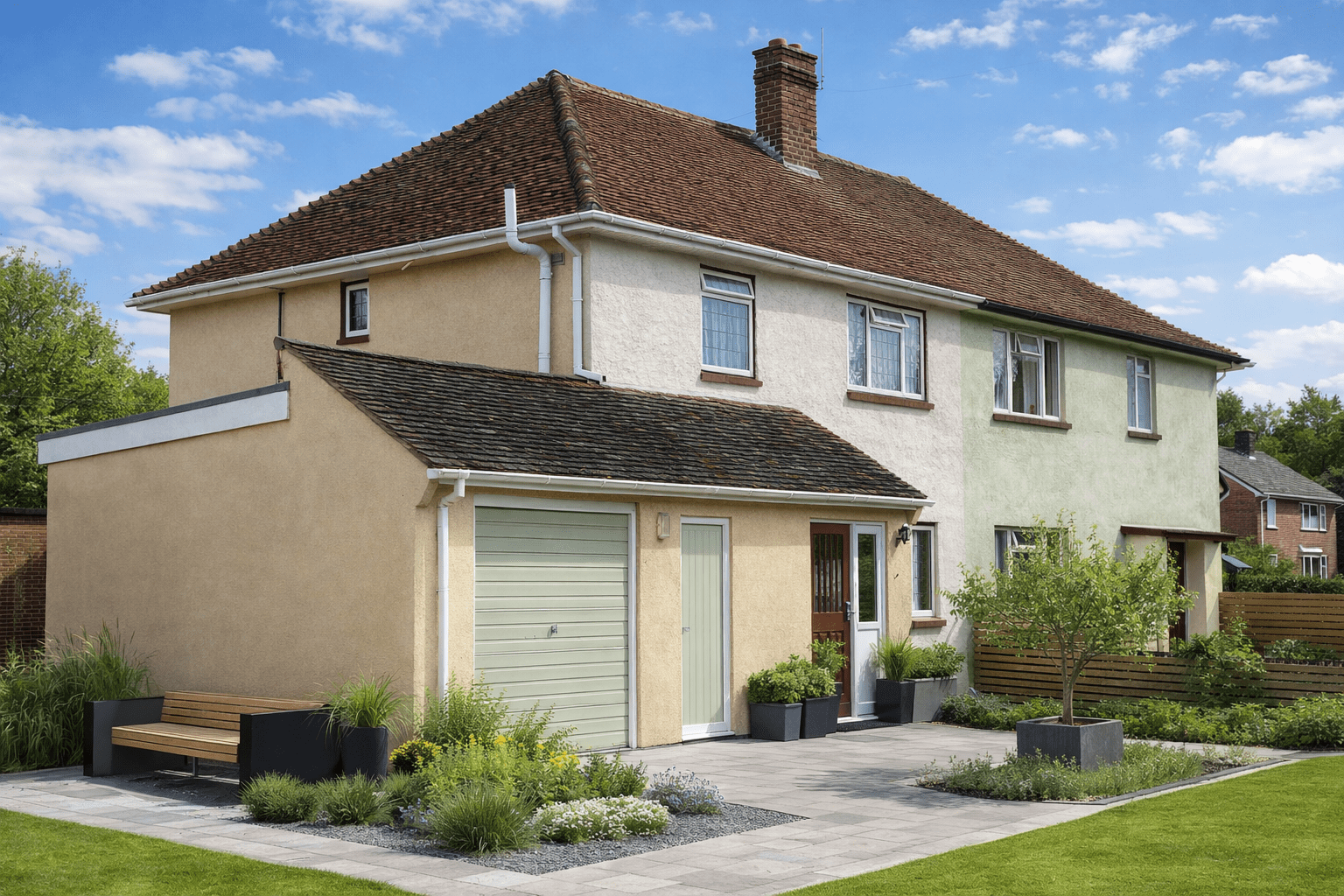 Tenaplas house showing rendered external walls and hipped tiled roof