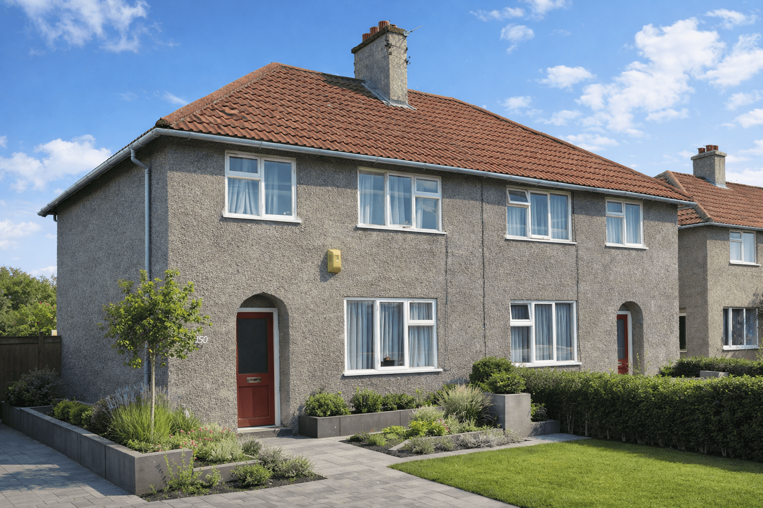 Unit No-Fines house with rendered external walls and pitched tiled roof