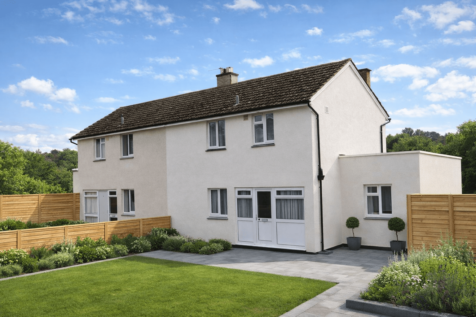 War Office No-Fines semi-detached house with rendered elevations and gable roof